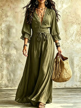 Ingvn Autumn Boho Chic Vacation Maxi Dress Lace V Neck 3/4 Ruffle Sleeve Elastic Waist Self Belt Flowy Long Dress Women Resort Dress