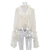 Ingvn Apricot Loose Spliced Ruffles Elegant Shirts for Women V Neck Long Sleeve French Gentle Shirt Female Summer Fashion