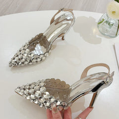Ingvn Elegant Pointed Toe Slingback Stiletto Sandals Crystal Diamonds Women Pumps High Heels Wedding Prom Shoes Zapatos Mujer