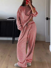 Ingvn - Women's 2 Piece Loungewear Set Red White Stripe Oversized Long Sleeve Top Wide Leg Pants Casual Loose Home Wear Outfit