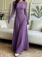 Ingvn - New Autumn And Winter Women's Slim Casual Fit Fashionable Women's Knitted Pit Stripe Solid Color Long Sleeved Round Neck Dress