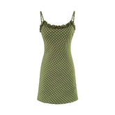 Ingvn Vintage French Style ArmyGreen Polka Dot Print Wood ears O neck Sling Dress Women a-lined Short Dresses Femme Vestidos Robe