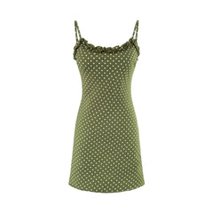 Ingvn Vintage French Style ArmyGreen Polka Dot Print Wood ears O neck Sling Dress Women a-lined Short Dresses Femme Vestidos Robe