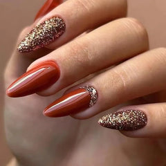 Ingvn 24Pcs Almond Fake Nail with Leaves Design Simple Brown False Nails Wearable French Oval Press on Nails Reusable Stiletto Nails