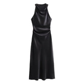 Ingvn Autumn Satin Texture Sleeveless Midi Dress Round Neck Fashion Evening Dress