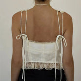 Ingvn Sexy White Spliced Lace Front Metal Hook Buttons Corset Women Back Bow Lacing up Strap Camisole Tank Tops Rope Crop Top