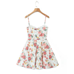 Ingvn Sexy White with Flower Print Cotton Corset Style Sling Mini Dress Women Lace V Low Chest with wire Ball Gown Swing Party Robe
