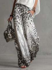 Ingvn Summer Chiffon Outfits Woman Matching Two Piece Set for Women Solid Color Bating Sleeve Top & Leopard Print Wide Leg Pant