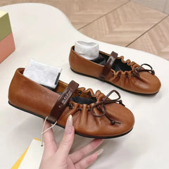 Ingvn Ins style Fashion Pleated Bowknot Ruffle Women Ballet Flats Spring Summer Soft Leather Mary Janes Walking Loafers Casual Shoes