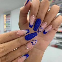 Ingvn 24Pcs Simple Blue French Fake Nails with Diamond Love Pattern Design False Nails Press on Mid-length Ballet Full Cover Nail Tips