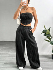Ingvn Women's Striped 2 Piece Outfit Tube Top and High Waist Wide Leg Pants Set
