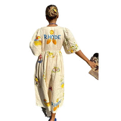 Ingvn Spring/Summer Women's New Printed Button Split Bubble Sleeve V-Tie Dress Loose Vacation Dress