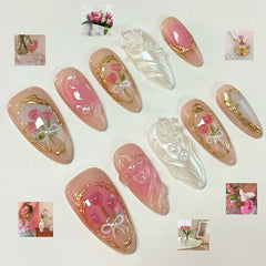 Ingvn 24Pcs Shiny Pink Cat's Eye Full Cover Nail Tips Fashion French Peach Blossom Design False Nails Almond Detachable Press on Nails
