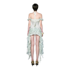 Ingvn French Elegant Fashion Sexy Halter Neck High Waist Seal Ruffled Fringed Ribbon Irregular Evening Party Dress Women Summer