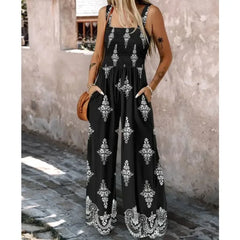 Ingvn Plus Size New Women Print Sling Sleeveless Jumpsuits Ladies Casual Wide Leg High Waist Casual Loose Rompers