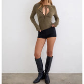 Ingvn Women Solid Color Tied Front Keyhole T-Shirts Long Sleeve Slim Fit Pleated Bust Round Neck Y2k Cropped Tee Streetwear
