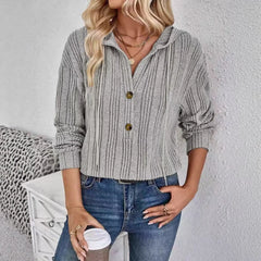 Ingvn - Women's Striped Ribbed Hooded Blouse Half Button Loose Long Sleeve Casual Daily Wear Pullover Top