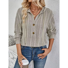 Ingvn - Women's Striped Ribbed Hooded Blouse Half Button Loose Long Sleeve Casual Daily Wear Pullover Top