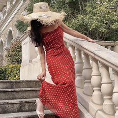 Ingvn Summer Spring Polka Dot Wooden Long Belted Halter Neck Gown Women's Holiday Strap Dress Fairy Skirt Style No Sleeve U Neck