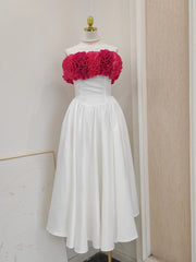 Ingvn French Elegant Temperament 3D Flower Off-Shoulder Strapless Dress Fishbone Lace-up Bow High Waist A-line Evening Dress Women