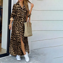 Ingvn New European American Spring Summer Casual Leopard Print Fashion Slit Extra Long Women's Shirt Dress