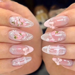 Ingvn 24Pcs Shiny Pink Cat's Eye Full Cover Nail Tips Fashion French Peach Blossom Design False Nails Almond Detachable Press on Nails