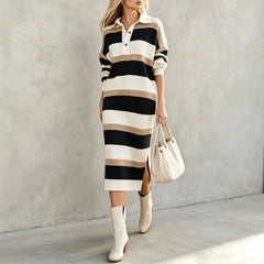Ingvn - Women's Striped Knit Midi Dress Polo Collar Long Sleeve Button Color Block Loose Casual Autumn Winter Ladies Sweater Dresses