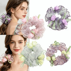 Ingvn Sweet Cute Floral Mesh Scrunchie Sweet Dot Mesh Ruffled Sheer Tulle Flower Hair Rope French Romantic Large Hair Ties