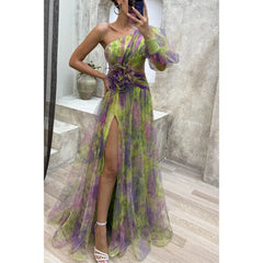 Ingvn Women's Summer Fashion Casual Dress Slant Neck Off Shoulder Long Sleeve Mesh Dress Flower Waist Split Dress Holiday Party