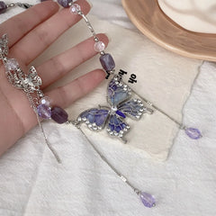 Ingvn Purple Necklace for Women Crystal Butterfly Tassels Fashion Punk Style Jewelry Sweet Vintage Collares Para Mujer