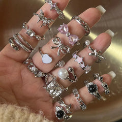 Ingvn Fashion Trend Pink Crystal Bowknot Heart Rings Zircon Ring Y2K Shiny Zircon Rings for Women Girls Party Aesthetic Jewelry