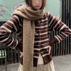 Ingvn - Women's Autumn Winter New Korean Color Block Striped Knit Cardigan Casual Design Versatile Sweater Chic Coquette Trendy