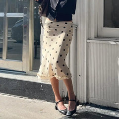 Ingvn Women Polka Dot Midi Skirt Casual Lettuce Trim Beige Skirt Elegant Streetwear Bottom for Spring All Match Skirts