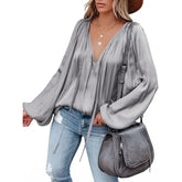 Ingvn Plus Size Fashion Long Sleeve V Neck Office Casual Shirt Women Elegant Simple Loose Blouse Lady Pleated Solid Color Top