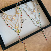 Ingvn Y-Shaped Colorful Crystal Necklace Set Pearl Cross Colored Rhinestone Necklace Colorful Snake Chain Bohemian Style Necklace