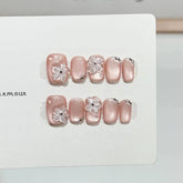 Ingvn 10pcs Handmade Cat Eye Fake Nails Press on 3d Crystal Flower Decorated False Nails Girls Nail Tips Self-adhesive Press on Nail