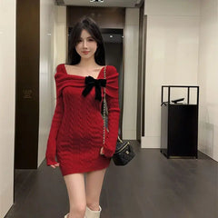 Ingvn - Women's Autumn Winter Solid Knit Dress Bodycon Sweater Coquette Versatile Mini Chic Trendy Warm Elegant Vintage