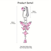 Ingvn 2pcs Cute Fake Belly Ring for Women - Pink CZ Heart & Butterfly Dangle Clip On Navel Rings, 304 Stainless Steel, Non-Pierced