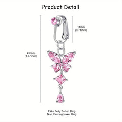 Ingvn 2pcs Cute Fake Belly Ring for Women - Pink CZ Heart & Butterfly Dangle Clip On Navel Rings, 304 Stainless Steel, Non-Pierced