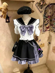 Ingvn Lolita Sweet Girl Preppy Style Jk Uniform Set Cute Kawaii Bow Short Sleeved Tops Slim Fit Plaid Splicing Skirt Two Piece Set