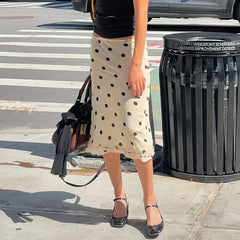 Ingvn Women Polka Dot Midi Skirt Casual Lettuce Trim Beige Skirt Elegant Streetwear Bottom for Spring All Match Skirts