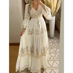 Ingvn Long Dress for Women Elegant Tassel V-Neck Flare Sleeve Vintage Boho Sweet Casual Pleated A-Line Fashion Summer Dresses
