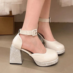 Ingvn Plus size women's shoes new sexy round toe shallow mouth one-word buckle diamond thick heel shoes