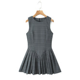 Ingvn Sexy O neck Gray Plaid Print Sleeveless Mini Dress Low Waist Spliced Folded Pleated Swing Women Tank Dresses Short Robe