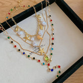 Ingvn Y-Shaped Colorful Crystal Necklace Set Pearl Cross Colored Rhinestone Necklace Colorful Snake Chain Bohemian Style Necklace