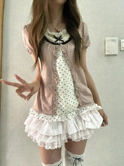 Ingvn American Style Vintage 2 Piece Set Woman Sweet Girl Fake Two Short Sleeved Tops Casual Lace Mini Skirt Chic