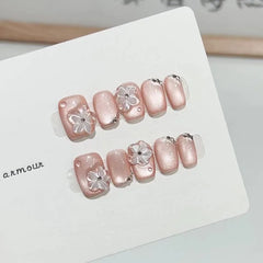 Ingvn 10pcs Handmade Cat Eye Fake Nails Press on 3d Crystal Flower Decorated False Nails Girls Nail Tips Self-adhesive Press on Nail