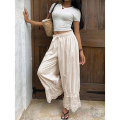 Ingvn Women Mesh See-through Floral Lace Patchwork Ruffle Hem Bloomer Pants Loose Drawstring Elastic Waist Cropped Trousers