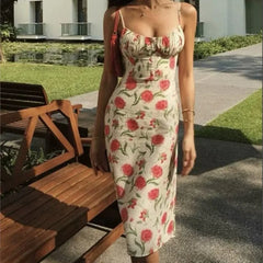 Ingvn Summer Beige Rose Flower Print Backless Sling Dress Holiday Woman Adjust Spaghetti Strap Dresses Beach Holiday Robe Vestidos