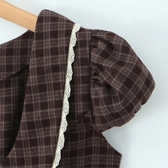 Ingvn Retro Checked Plaid Spliced Lace Peter Pan collar Short Puff Sleeve Mini Dress Women Open Buttons Low Waist A-line Dresses Robe